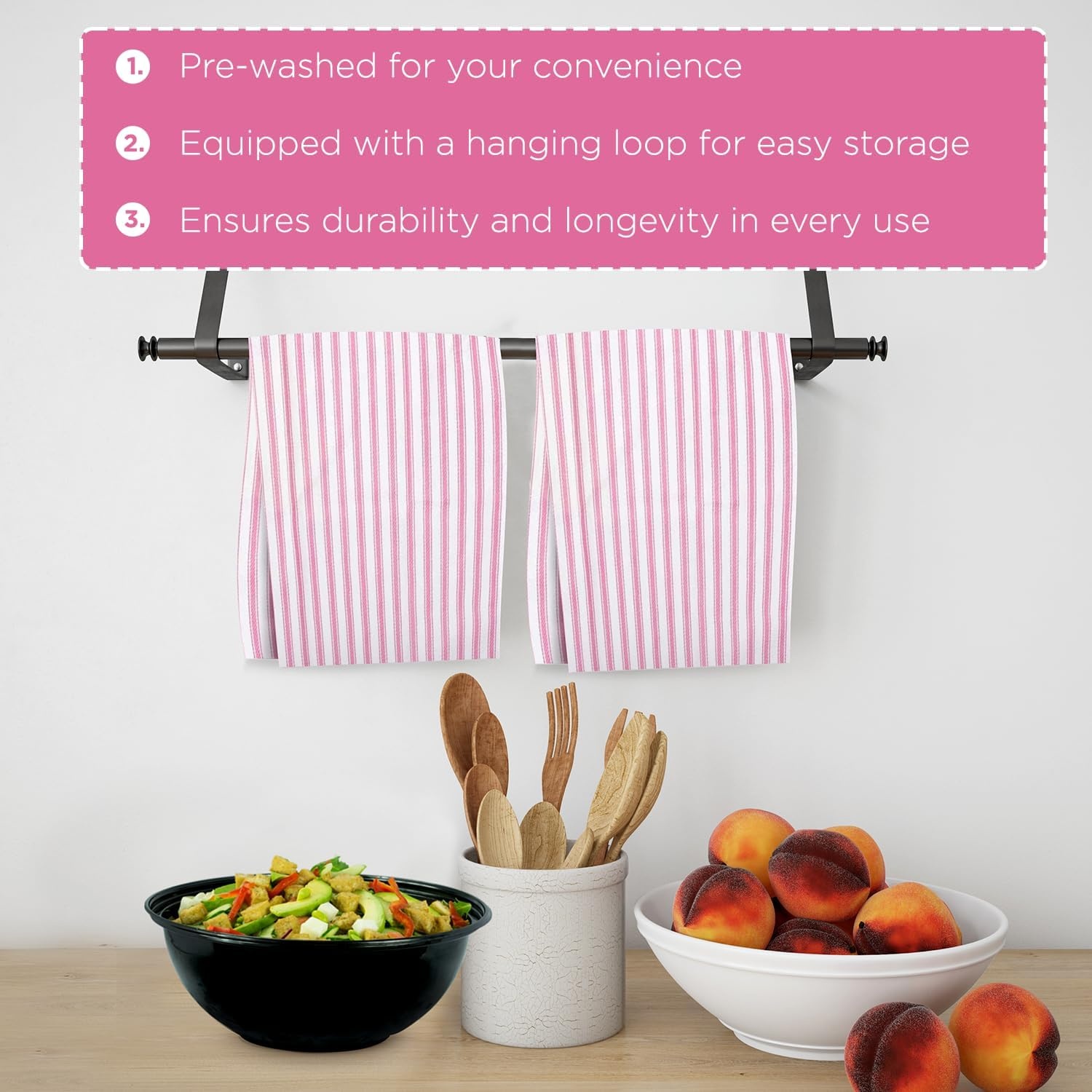 image:imageStripe Kitchen Towels Decor 18x28 in Cotton Dish Towels Boho Embroidery Festive Gift Set of 6 Pantry Kitchen Vintage Farmhouse Reusable Kitchen Dish TowelsGreenPink French 3 Pack