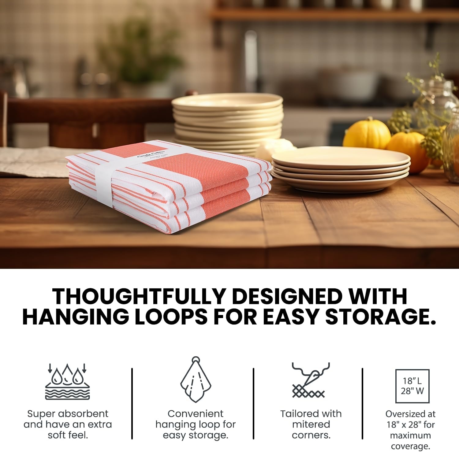 image:imageStripe Kitchen Towels Decor 18x28 in Cotton Dish Towels Boho Embroidery Festive Gift Set of 6 Pantry Kitchen Vintage Farmhouse Reusable Kitchen Dish TowelsGreenOrange Modern 3 Pack