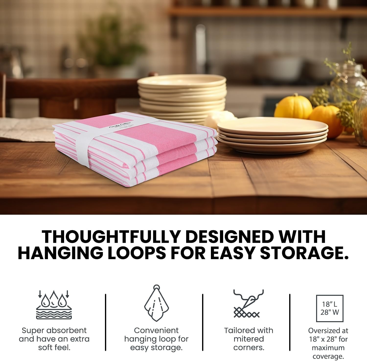 image:imageStripe Kitchen Towels Decor 18x28 in Cotton Dish Towels Boho Embroidery Festive Gift Set of 6 Pantry Kitchen Vintage Farmhouse Reusable Kitchen Dish TowelsGreenPink Modern 3 Pack