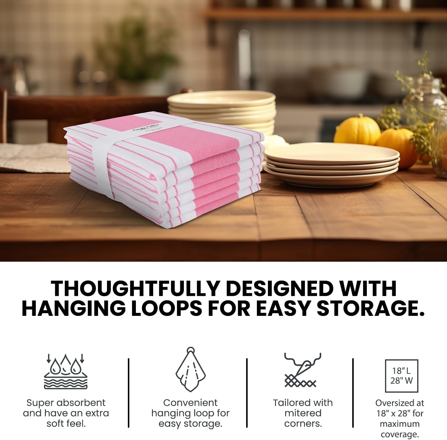 image:imageStripe Kitchen Towels Decor 18x28 in Cotton Dish Towels Boho Embroidery Festive Gift Set of 6 Pantry Kitchen Vintage Farmhouse Reusable Kitchen Dish TowelsGreenPink Modern