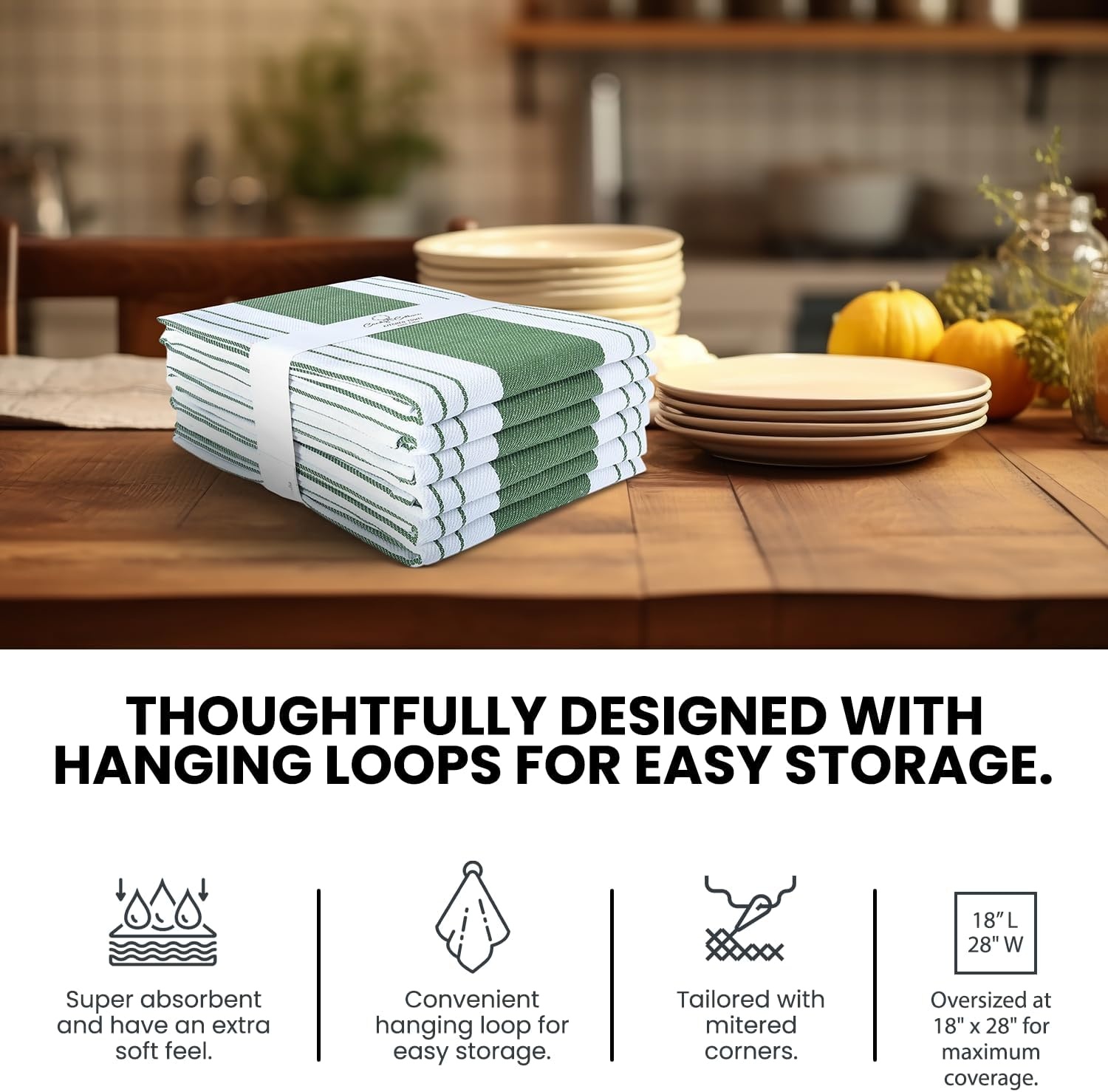 image:imageStripe Kitchen Towels Decor 18x28 in Cotton Dish Towels Boho Embroidery Festive Gift Set of 6 Pantry Kitchen Vintage Farmhouse Reusable Kitchen Dish TowelsGreenGreen Modern