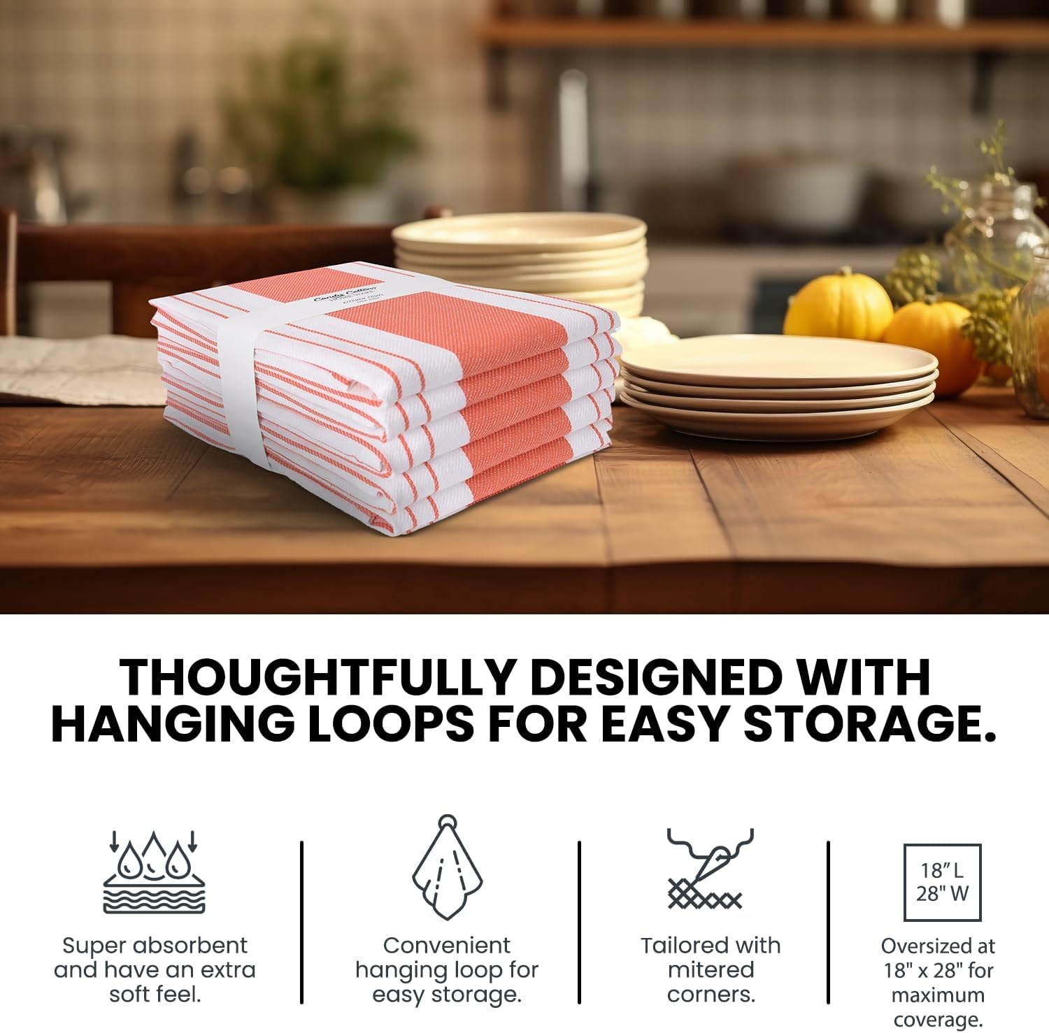 image:imageStripe Kitchen Towels Decor 18x28 in Cotton Dish Towels Boho Embroidery Festive Gift Set of 6 Pantry Kitchen Vintage Farmhouse Reusable Kitchen Dish TowelsGreenCoral Modern