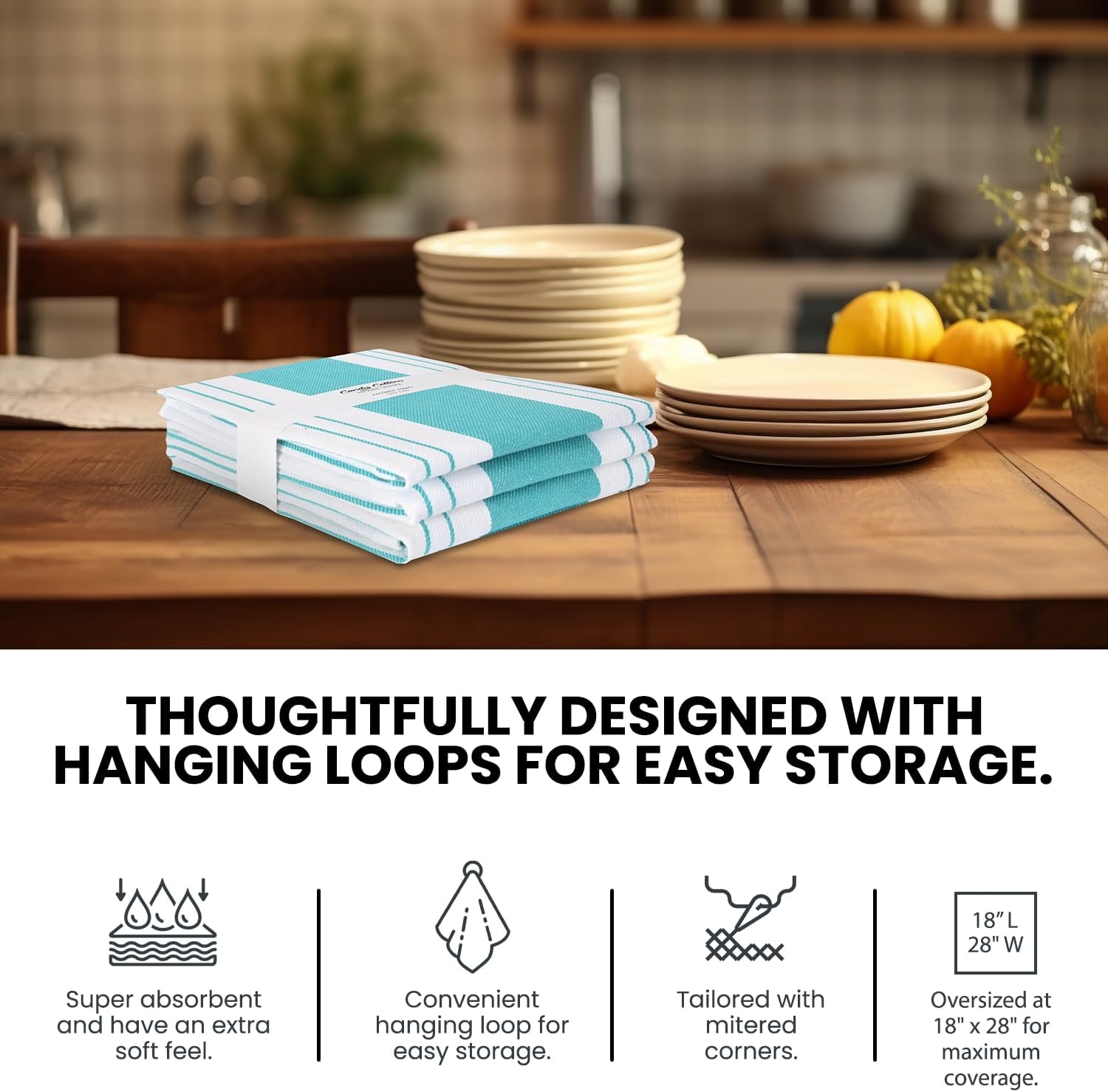 image:imageStripe Kitchen Towels Decor 18x28 in Cotton Dish Towels Boho Embroidery Festive Gift Set of 6 Pantry Kitchen Vintage Farmhouse Reusable Kitchen Dish TowelsGreenBlue Modern 3 Pack
