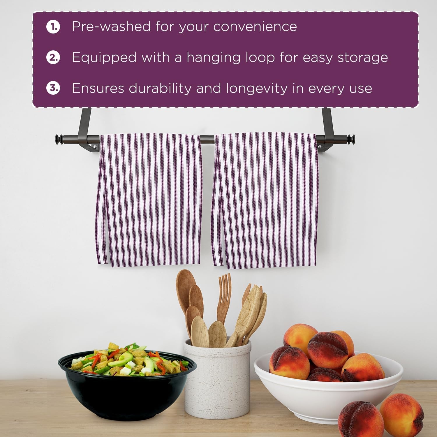 image:imageStripe Kitchen Towels Decor 18x28 in Cotton Dish Towels Boho Embroidery Festive Gift Set of 6 Pantry Kitchen Vintage Farmhouse Reusable Kitchen Dish TowelsGreenPurple French
