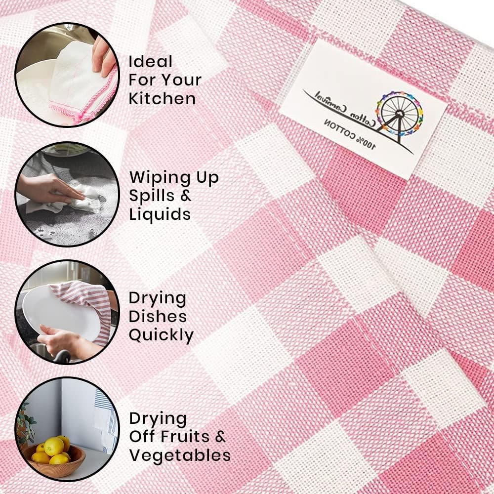 image:imageStripe Kitchen Towels Decor 18x28 in Cotton Dish Towels Boho Embroidery Festive Gift Set of 6 Pantry Kitchen Vintage Farmhouse Reusable Kitchen Dish TowelsGreenPink Check