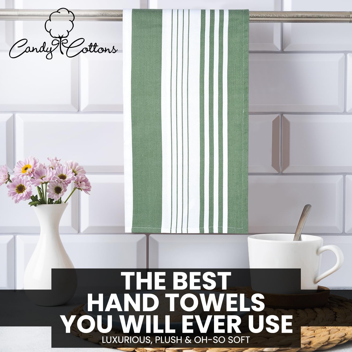 image:imageStripe Kitchen Towels Decor 18x28 in Cotton Dish Towels Boho Embroidery Festive Gift Set of 6 Pantry Kitchen Vintage Farmhouse Reusable Kitchen Dish TowelsGreenGreen Modern
